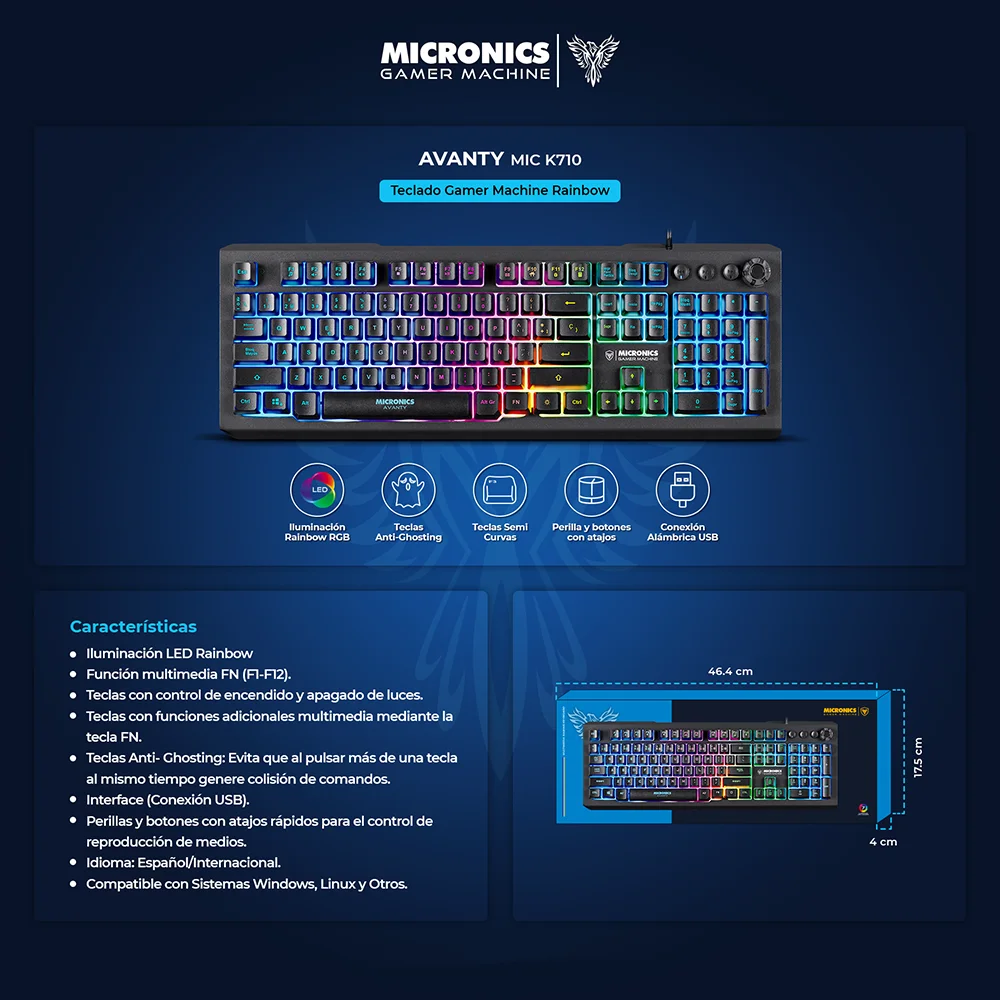 Teclado Gamer USB Micronics Avanty MIC K710-R - Black RGB Iluminación LED