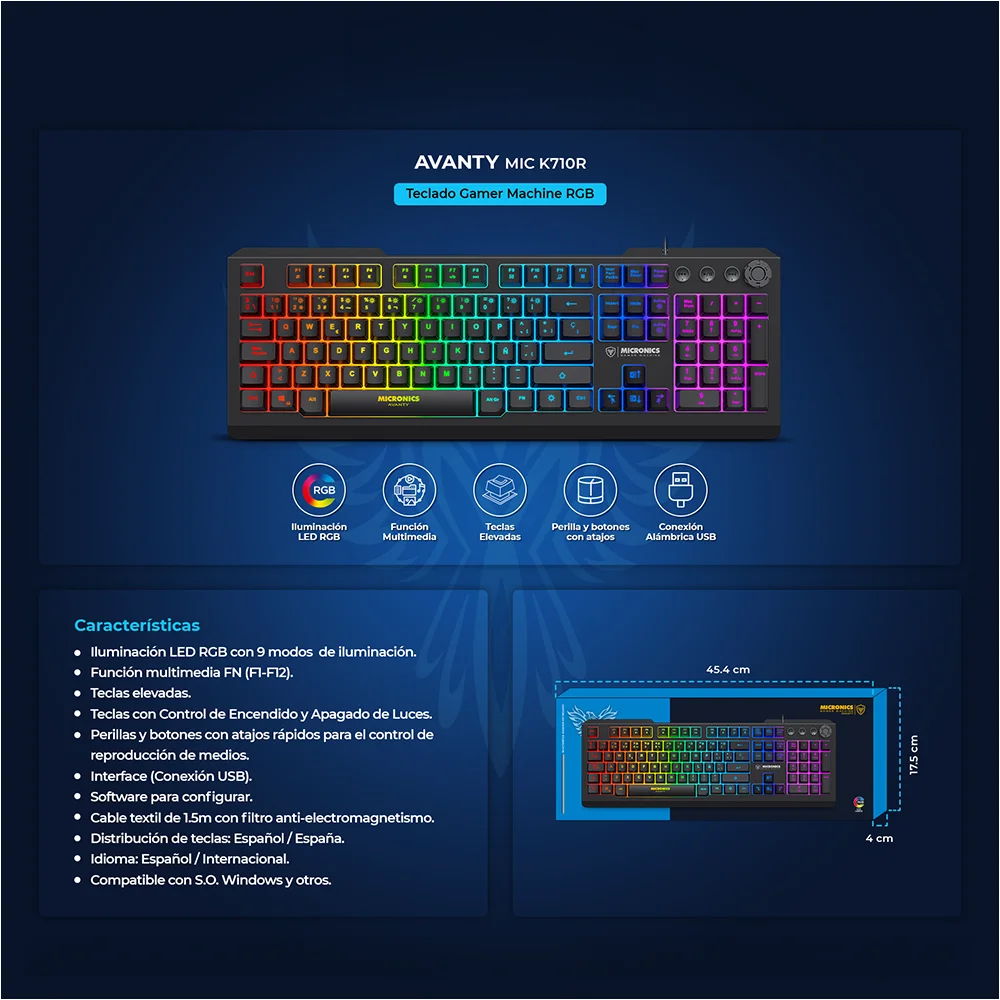 Teclado Gamer USB Micronics Avanty MIC K710-R - Black RGB Iluminación LED