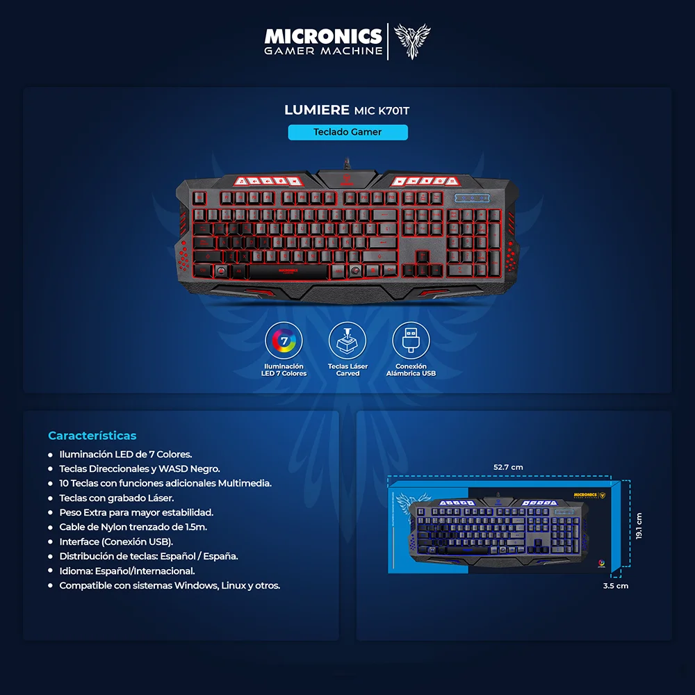 Teclado Gamer USB Micronics Lumiere MIC K701T - 7LEDs