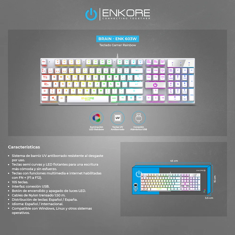 Teclado Gamer Enkore Brain ENK603W con Iluminación Rainbow LED USB