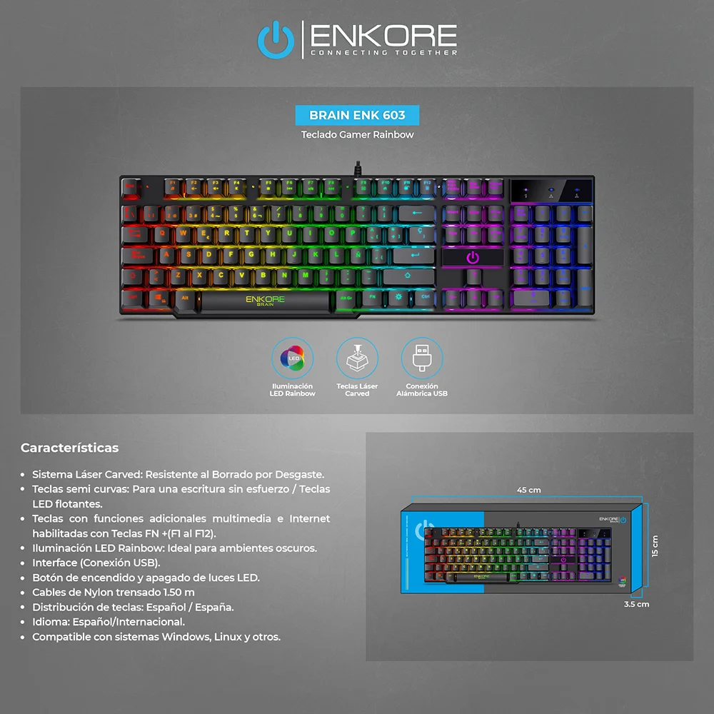 Teclado Gamer Enkore Brain ENK603 con Iluminación Rainbow LED USB