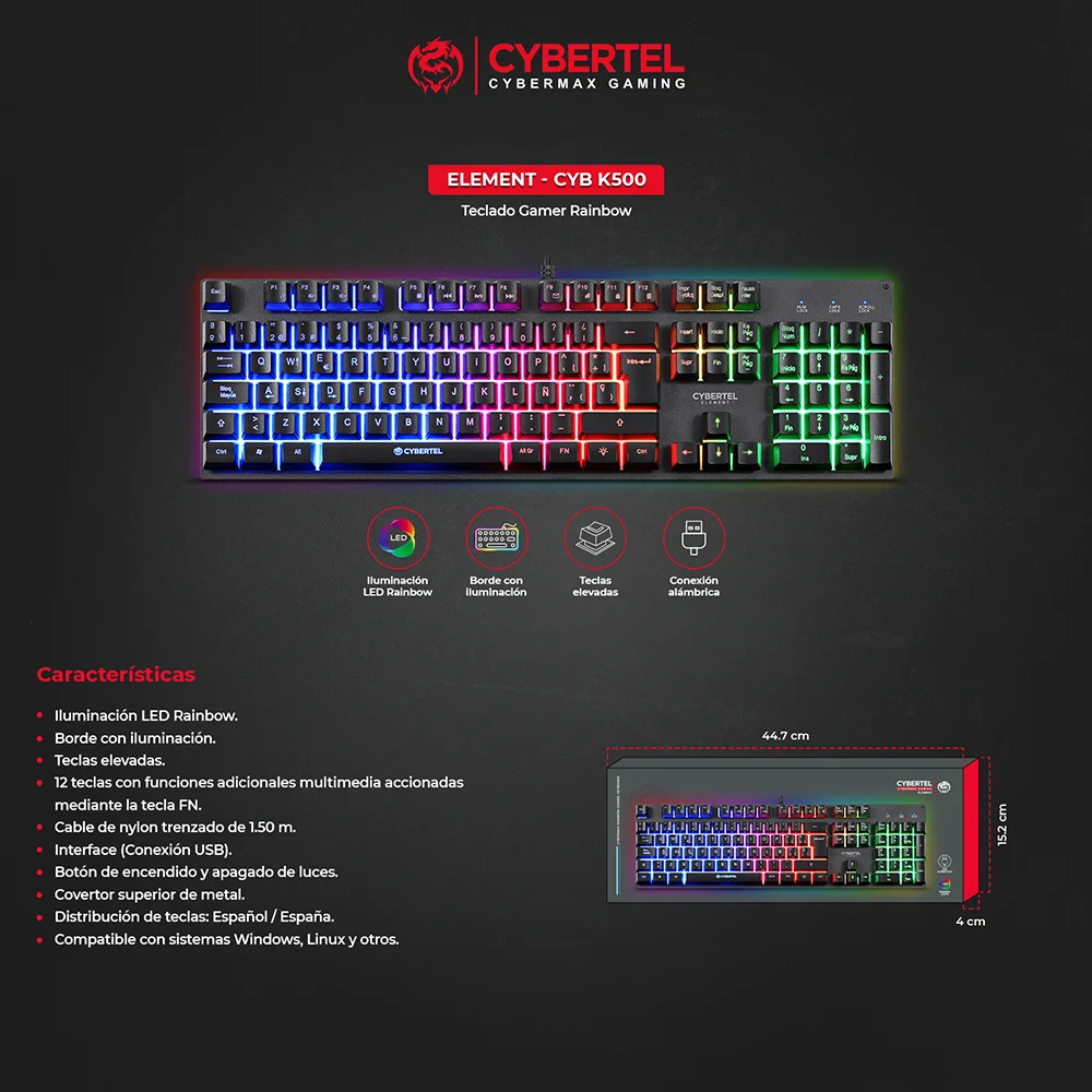 Teclado Gamer USB Cybertel Element Rainbow CYB K500