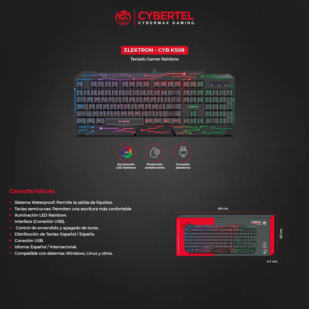 Teclado Gamer USB Cybertel Elektron Rainbow CYB K508
