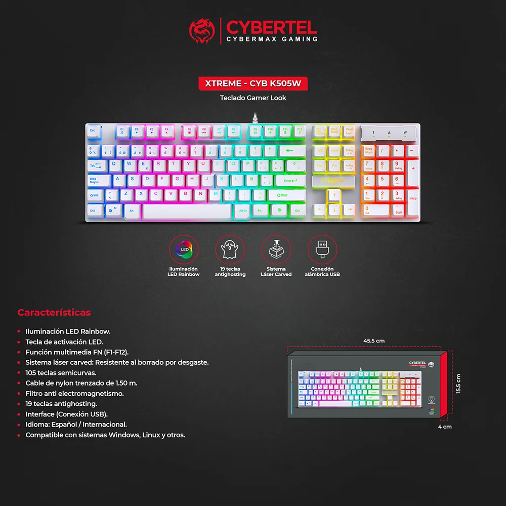 Teclado Gamer USB Cybertel Xtreme CYB K505W - White Rainbow