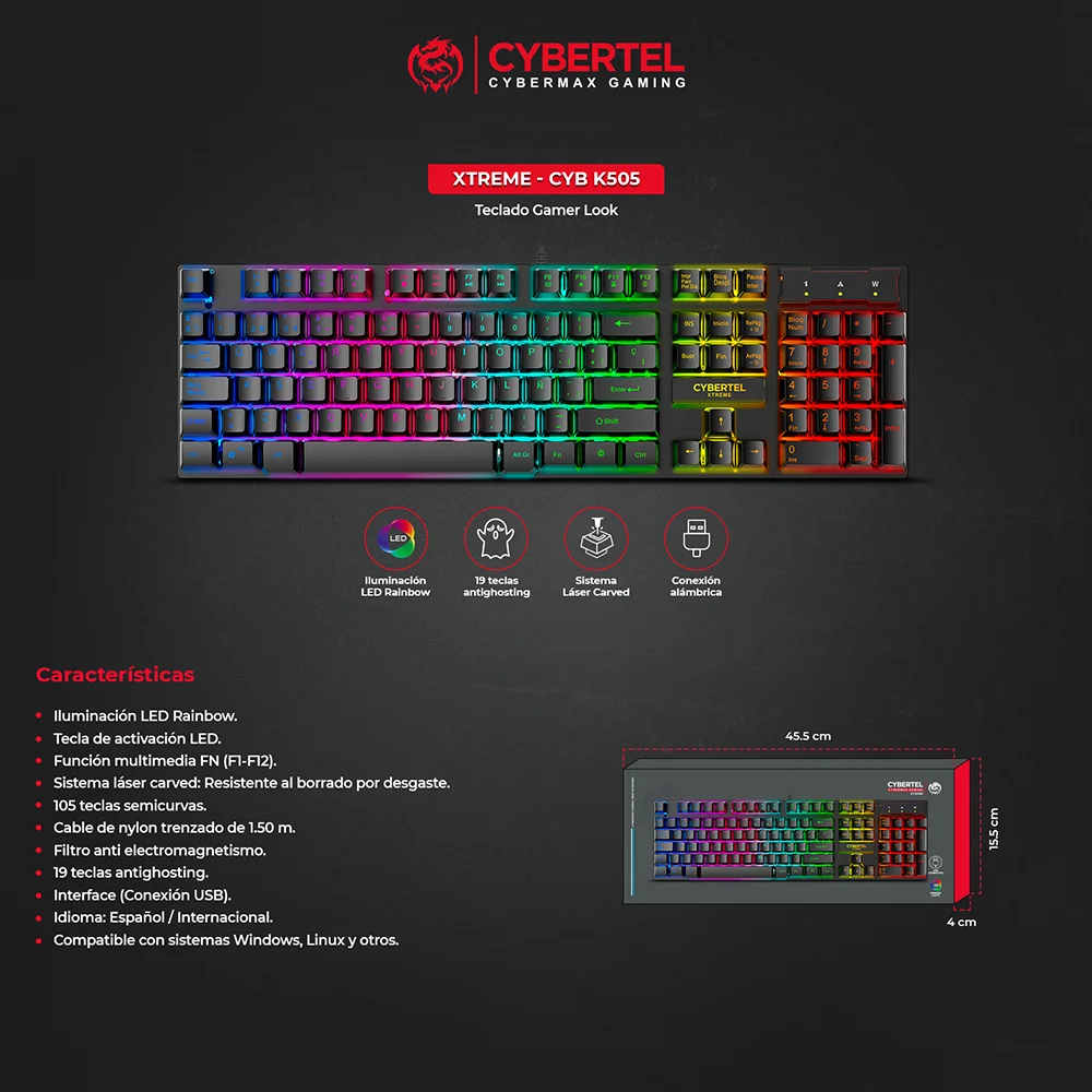 Teclado Gamer USB Cybertel Xtreme Rainbow CYB K505