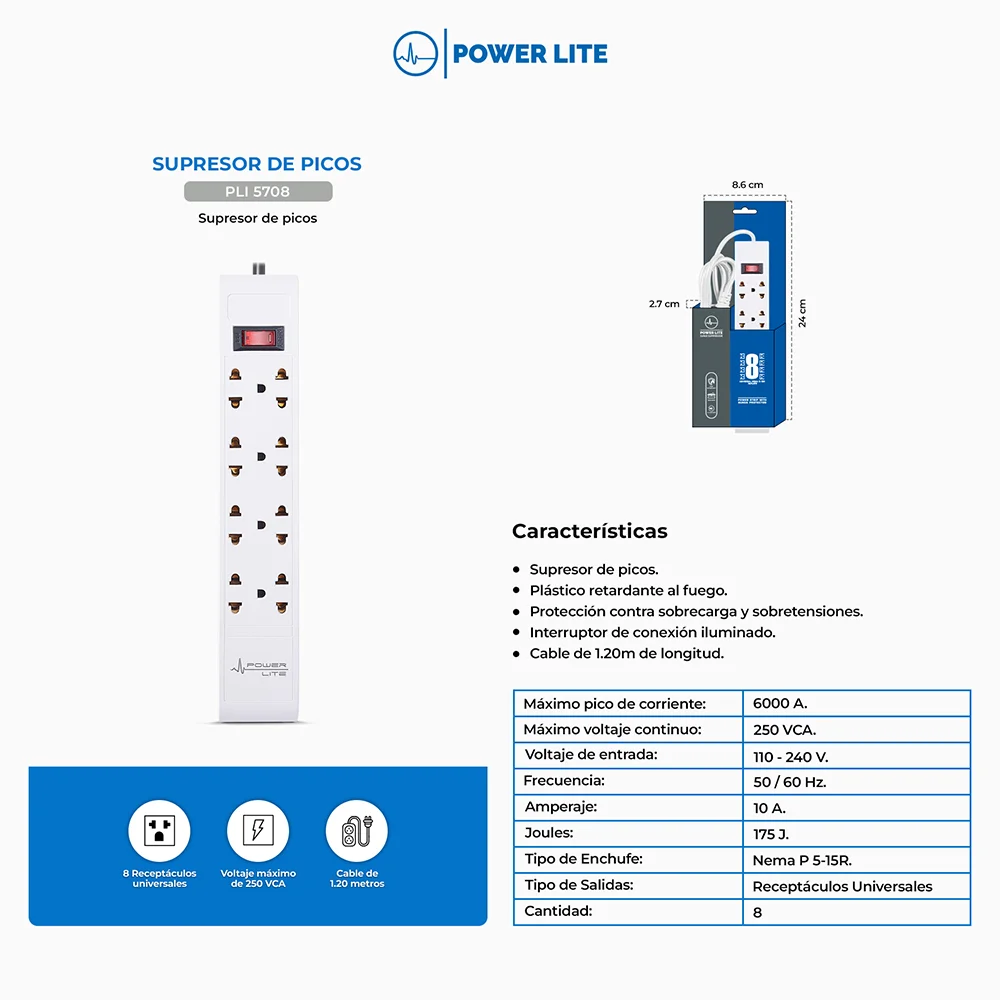 Supresor de Picos Regleta Power Lite PLI5708U Future 8/1.20/2C Supresor de Picos 8 Tomas