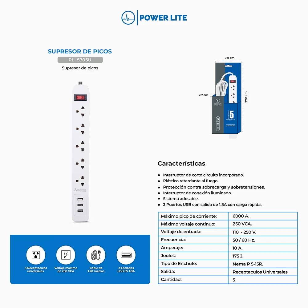Supresor de Picos Regleta Power Lite PLI5705U Magnum 5/1.20/3C Supresor de Picos 5 Tomas