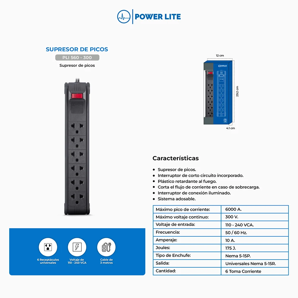 Supresor de Picos Regleta Power Lite PLI560-300 Supresor de Picos Antiflame 6S/Mixta 3m 18AWG