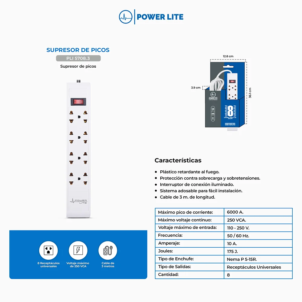Supresor de Picos Regleta Power Lite PLI5708.3 Future 8/3.00 Supresor de Picos 8 Tomas 18AWG