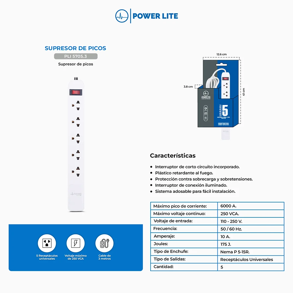 Supresor de Picos Regleta Power Lite PLI5705.3 Magnum 5/3.00 Supresor de Picos 5 Tomas 18AWG