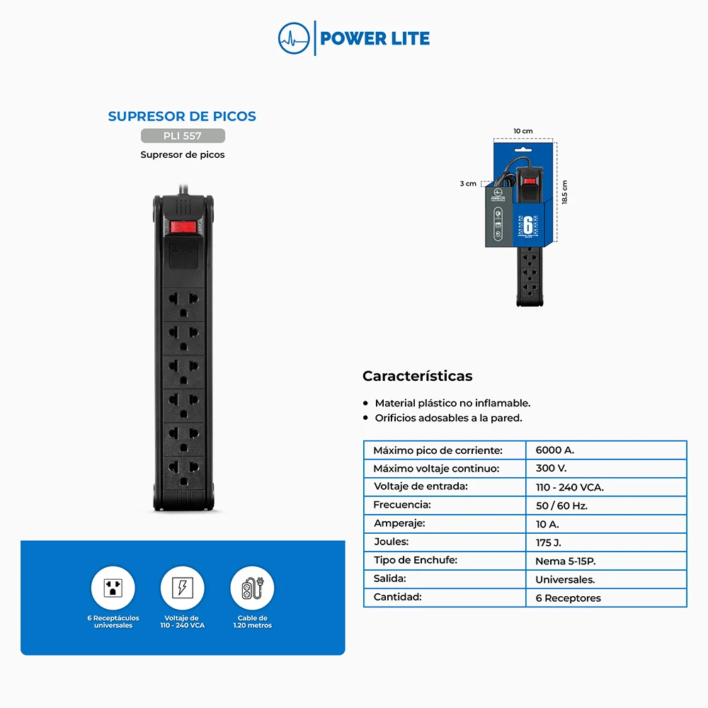 Supresor de Picos Regleta Power Lite PLI557 Office 6+ Supresor de Picos Antiflame 6S 1.2m