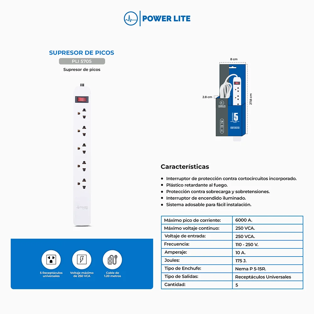 Supresor de Picos Regleta Power Lite PLI5705 Supresor de Picos Magnum 5 Tomas 1.2m 18AWG
