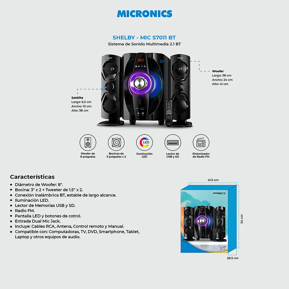 Sistemas 2.1 Micronics Shelby Sistema de Audio Ritmic LED KTV FM MIC S7011BT