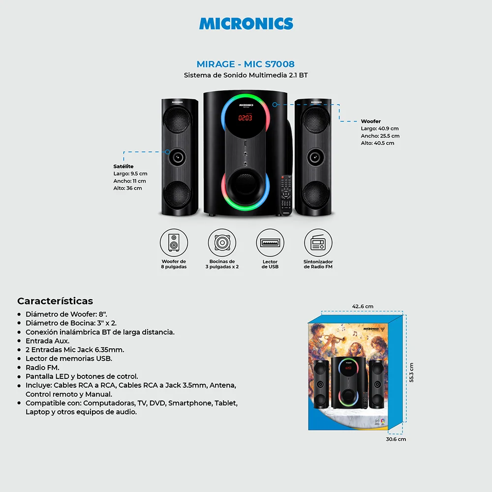 Sistemas 2.1 Micronics Mirage Sistema de Audio LED BT FM SD+USB MIC S7008