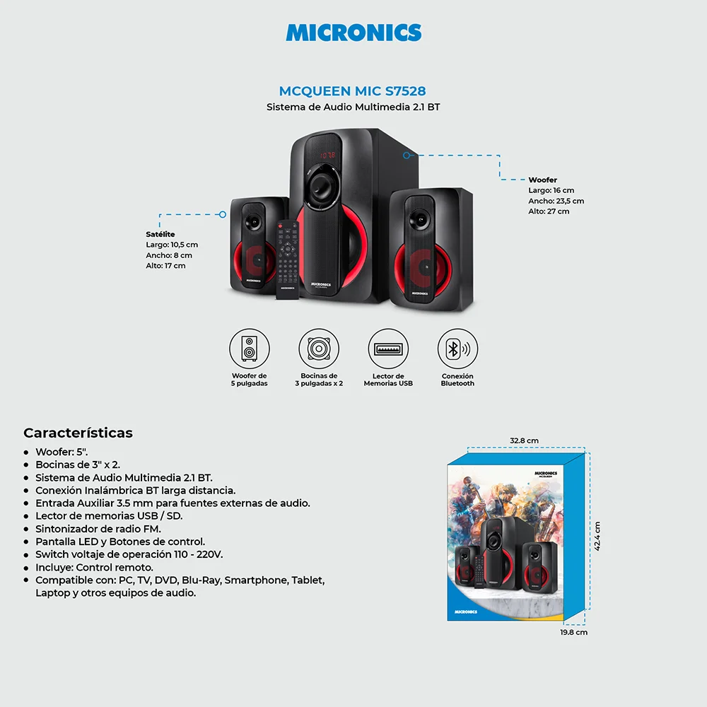 Sistemas 2.1 Micronics McQueen Sistema de Audio FM USB RC MIC S7528