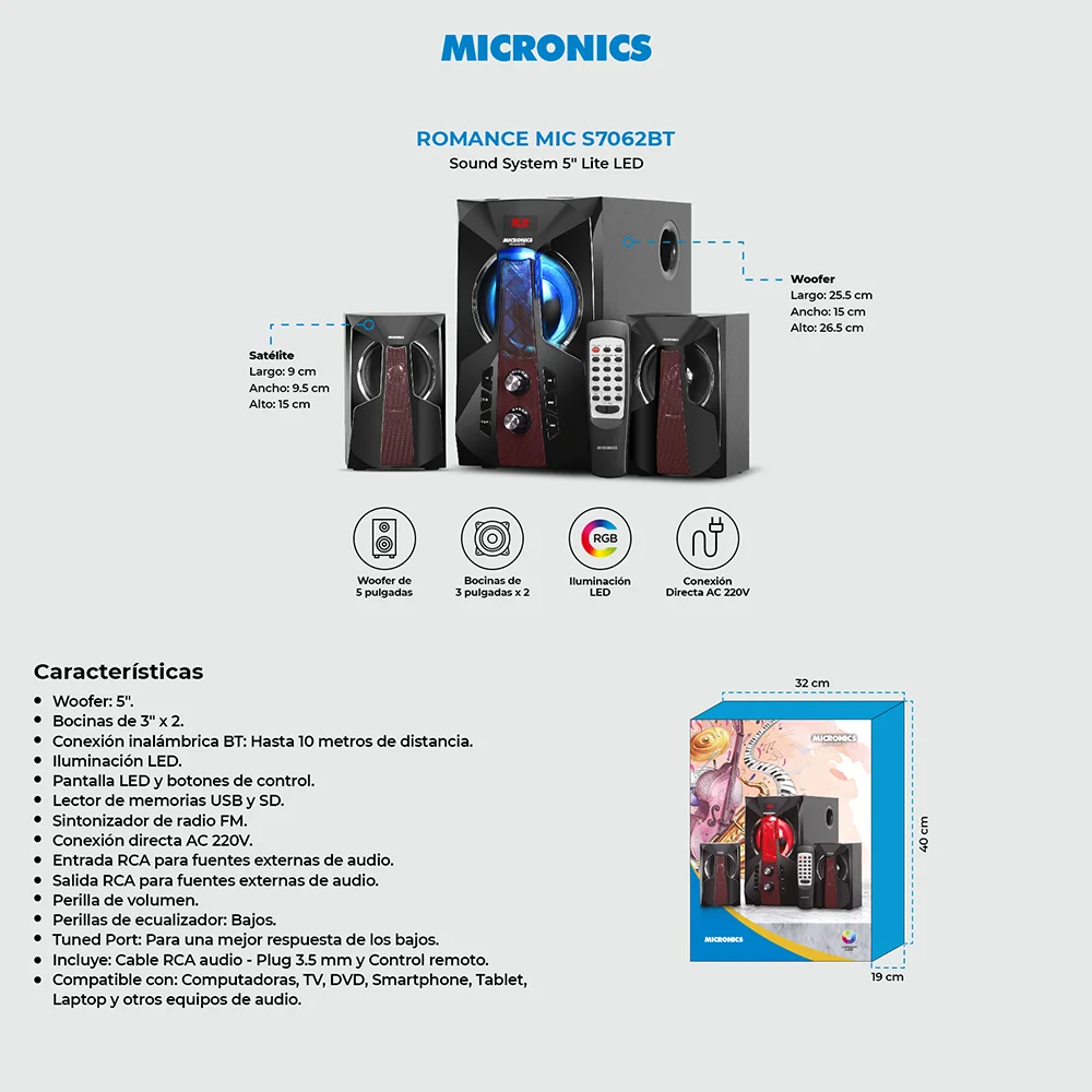 Sistemas 2.1 Micronics Romance Sistema de Audio LED FM SD+USB MIC S7062BT