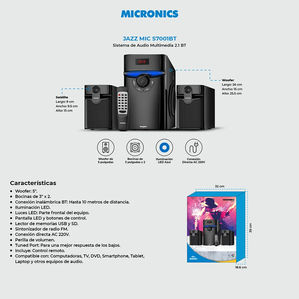 Sistemas 2.1 Micronics Jazz Sistema de Audio LED FM SD+USB RMS:70W MIC S7001BT