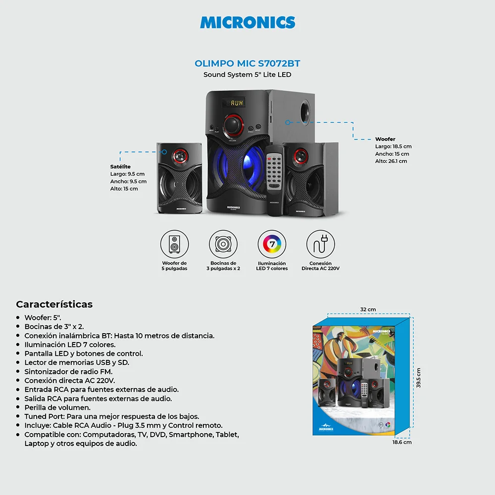 Sistemas 2.1 Micronics Olimpo Sistema de Audio LED FM SD+USB MIC S7072BT