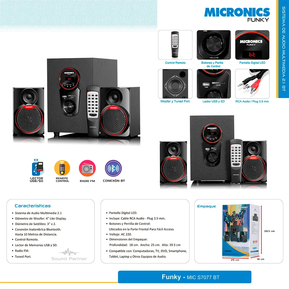 Sistemas 2.1 Micronics Funky Sistema de Audio BLed FM SD+USB MIC S7077BT