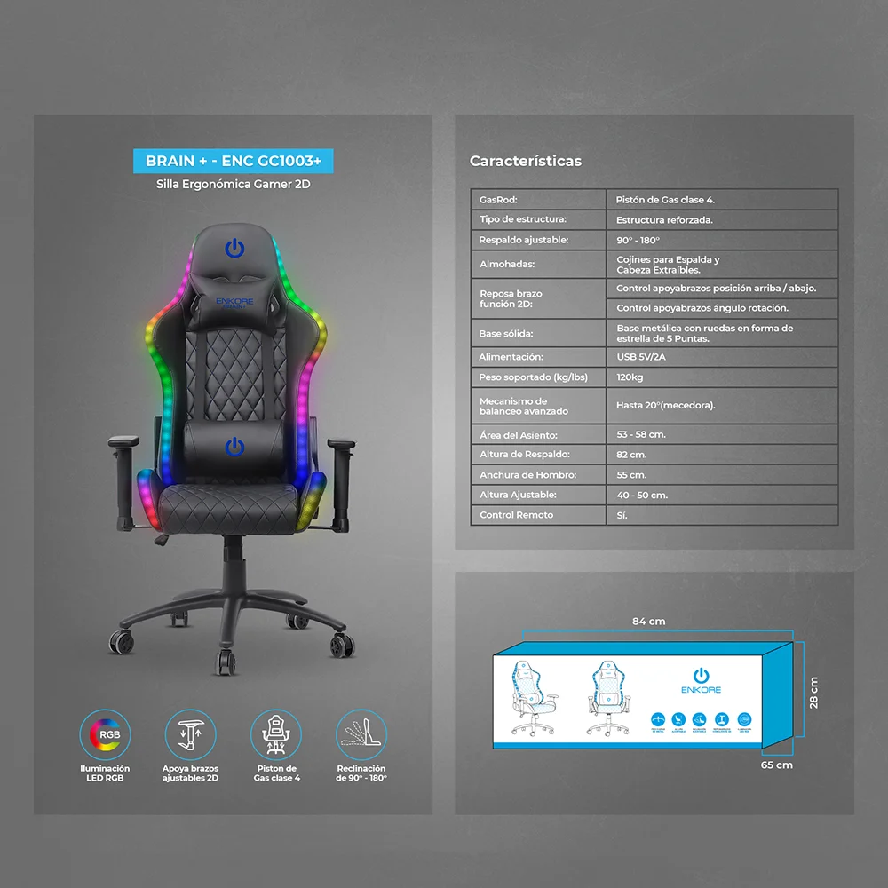 Silla Gamer Ergonómica Enkore Brain RGB Blue Silla Gamer 2D ENC GC1003+
