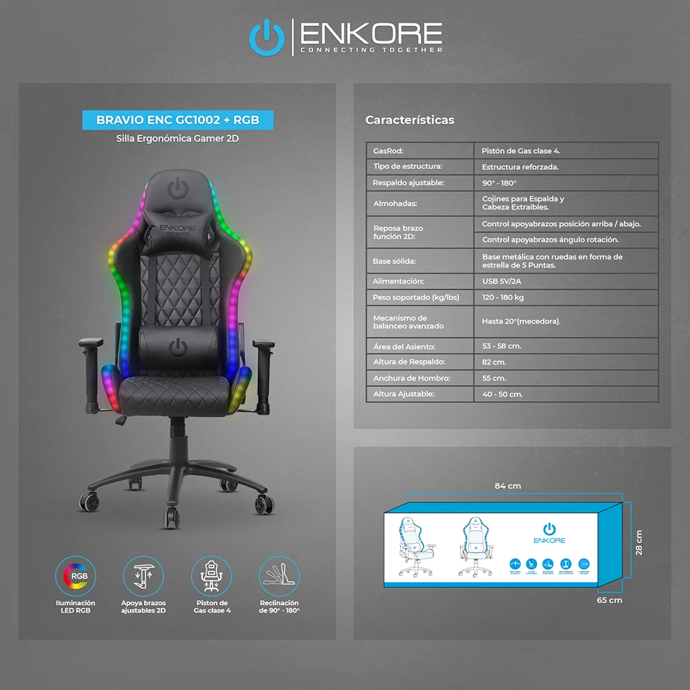 Silla Gamer Ergonómica Enkore Bravio Red Silla Gamer 2D + RGB ENC GC1002+RGB