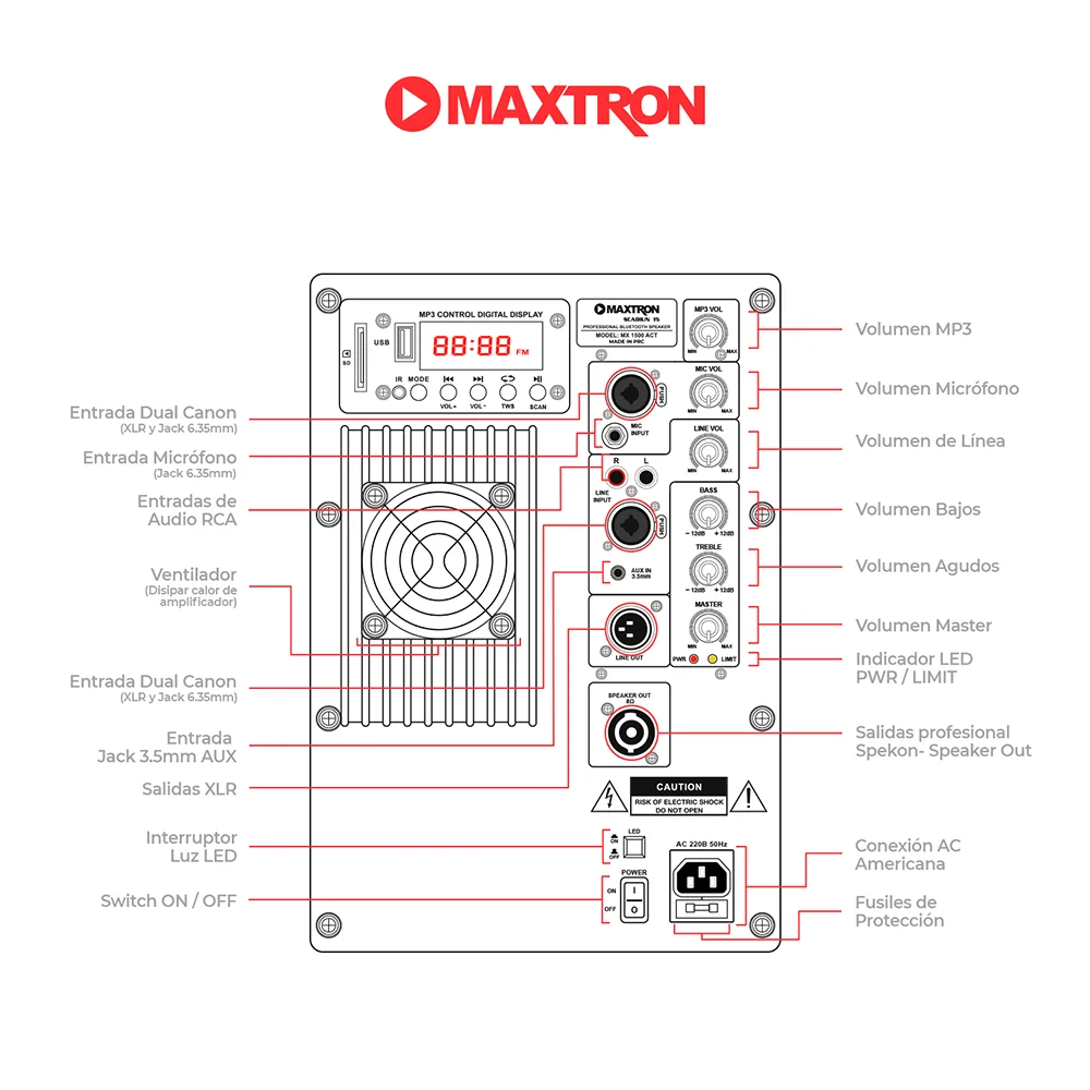 Parlante Portátil Bluetooth Maxtron MX1500 Scadiun 15 Act Professional Speaker