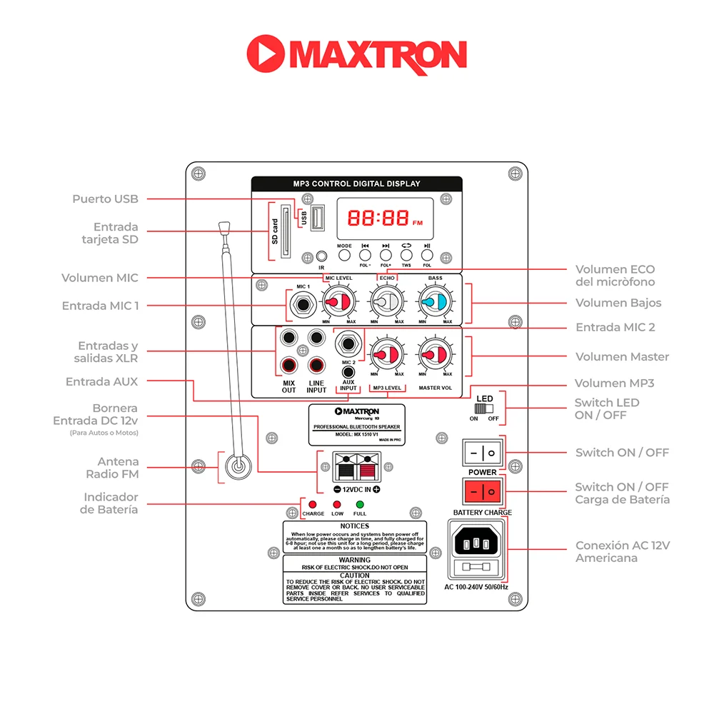 Parlante Portátil Bluetooth Maxtron MX1510V1 Mercury 10 Professional Speaker Lead-Bat