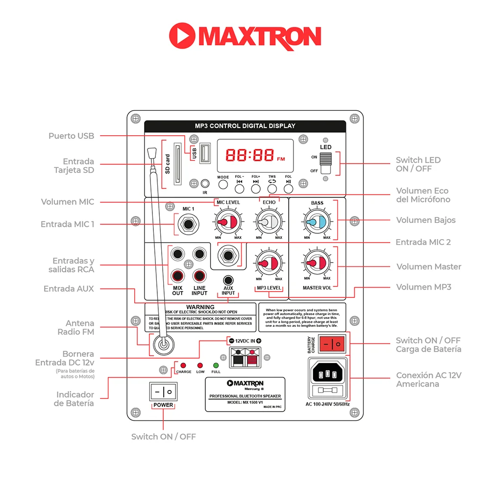 Parlante Portátil Bluetooth Maxtron MX1508V1 Mercury 8 Professional Speaker Lead-Bat