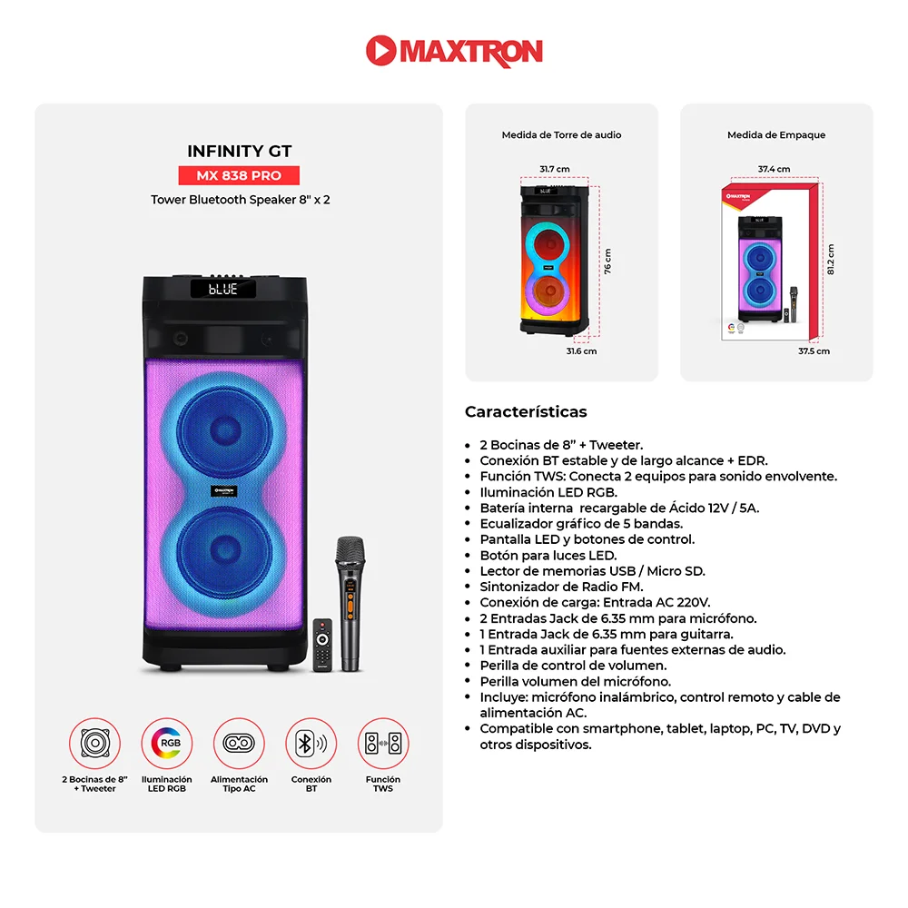 Parlante Portátil Bluetooth Maxtron MX838 Infinity GT 8" Pro Tower Speaker DSP RGB Iluminación LED