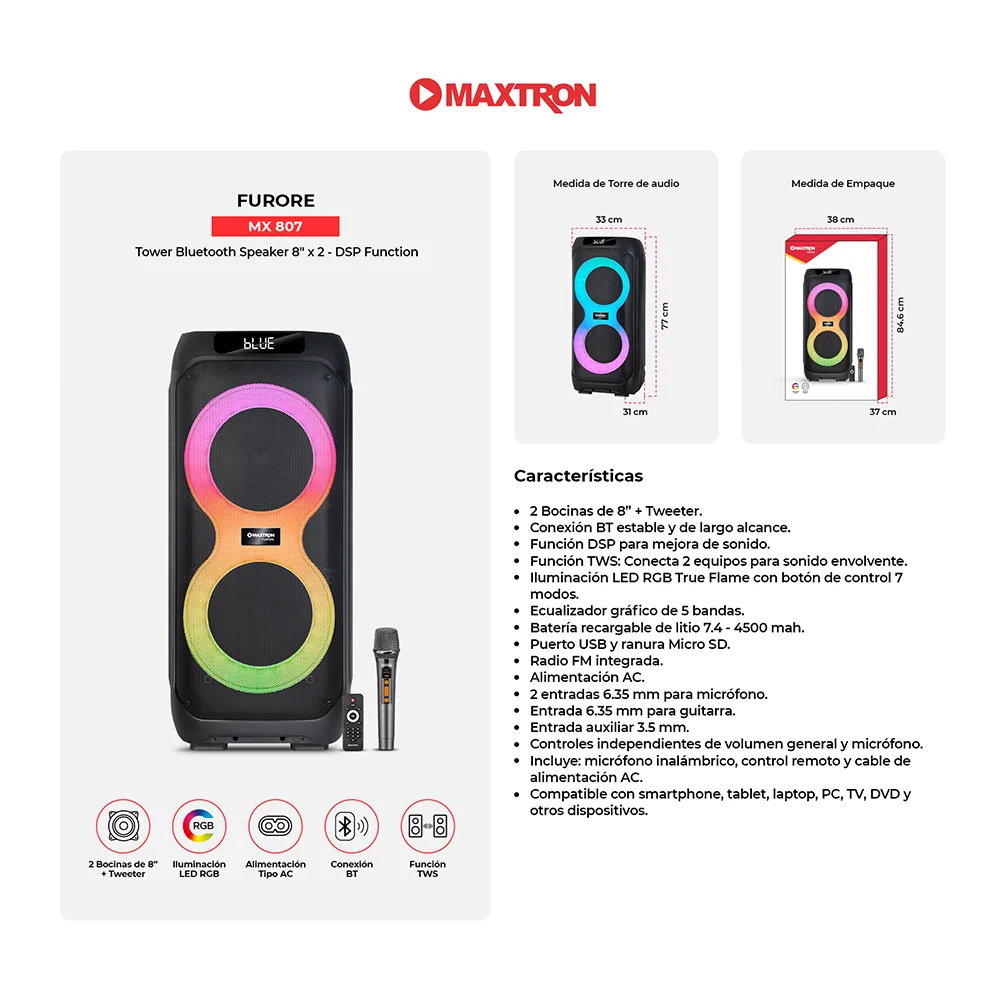 Parlante Portátil Bluetooth Maxtron MX807 Furore 8" Tower Speaker DSP TWS RGB Iluminación LED