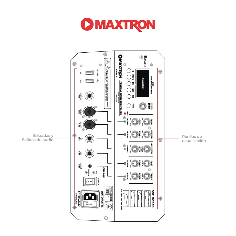 Parlante Portátil Bluetooth Maxtron MXT8110 Parlante Profesional Revo 10 DSP TWS 18.5V
