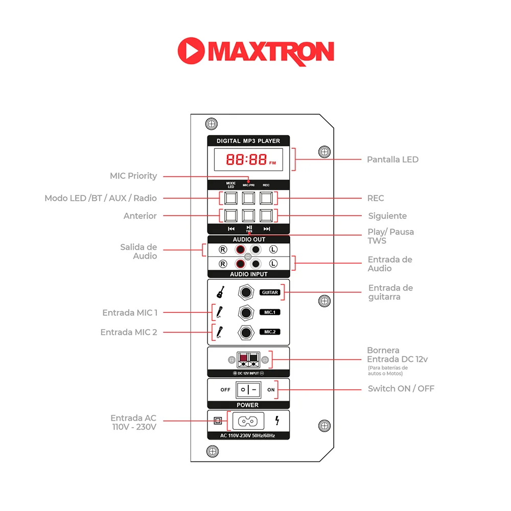 Parlante Portátil Bluetooth Maxtron MX300 Aspire 8" Portátil Speaker Bat 12V/7Ah