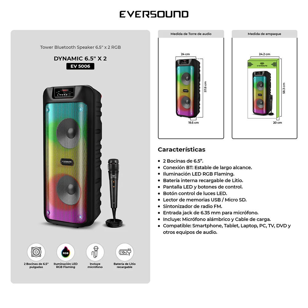 Torre de Sonido Bluetooth Eversound Dynamic EV5006 6.5": Micrófono, RGB