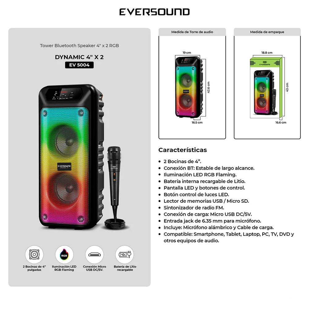 Torre de Sonido Bluetooth Eversound Dynamic EV5004 4": RGB