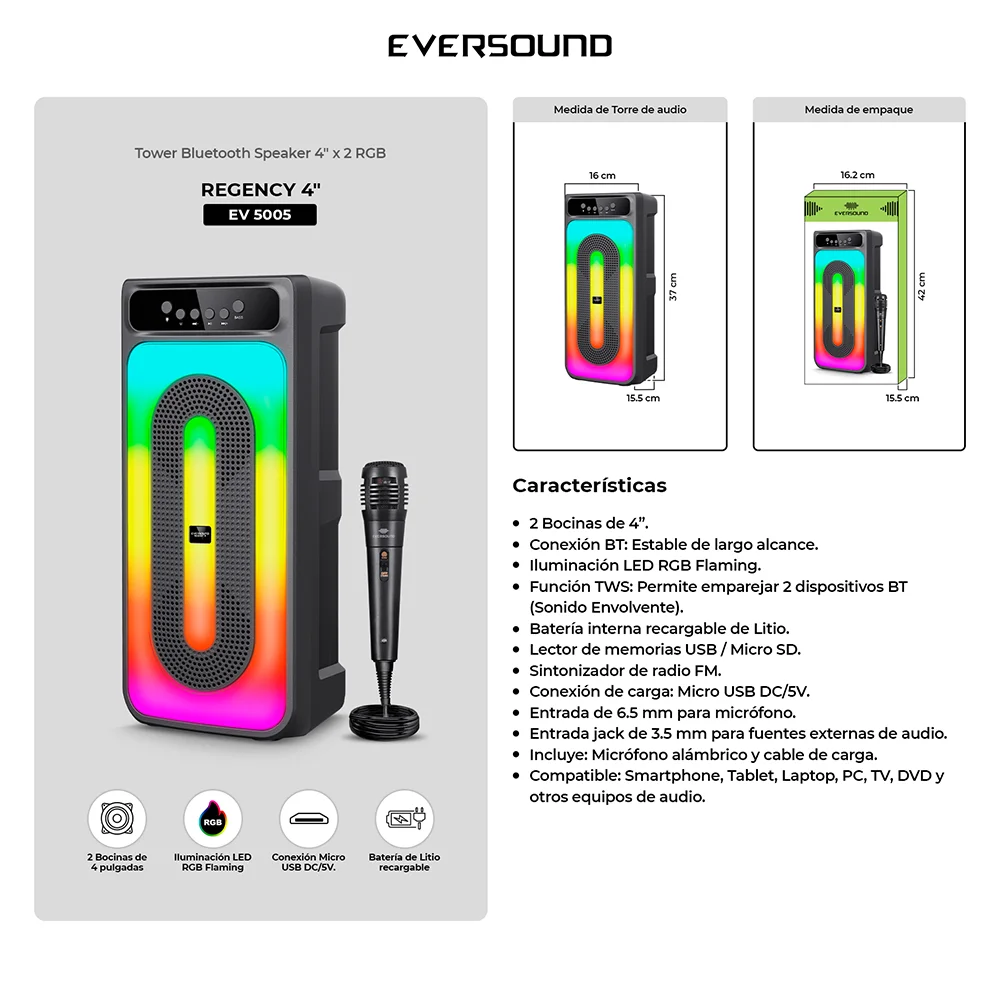Torre de Sonido Bluetooth Eversound Regency EV5005 4": Micrófono, RGB