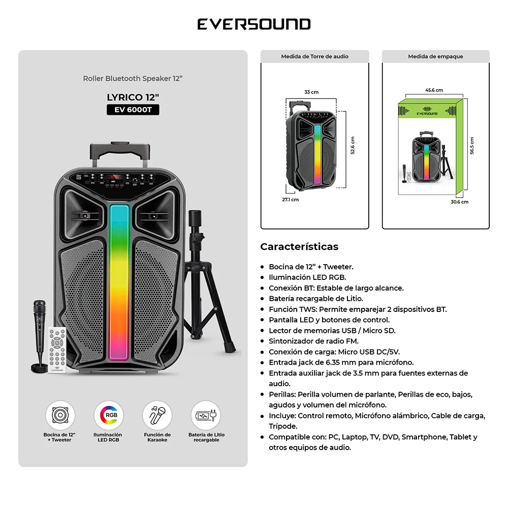 Parlante Portátil Bluetooth Eversound Lyrico EV6000T 12" con Trípode