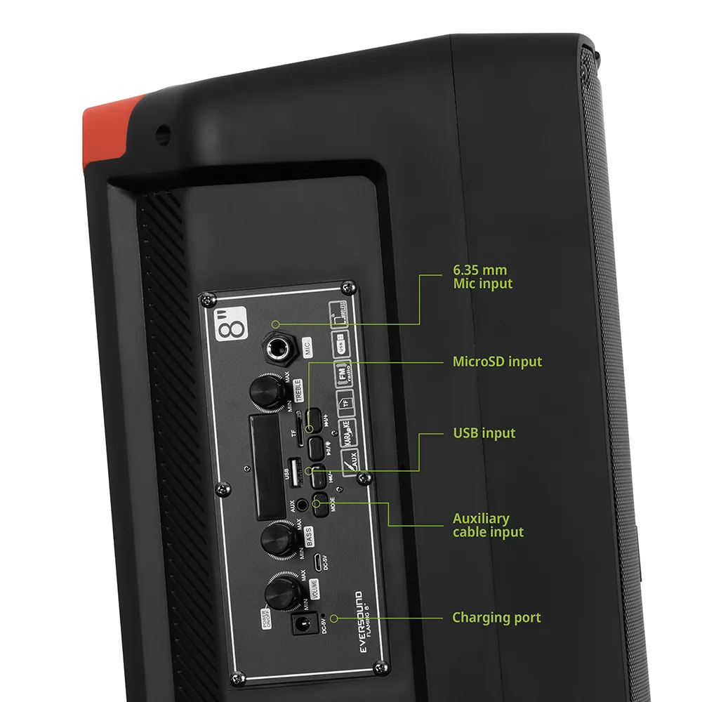 Parlante Portátil Bluetooth Eversound Flaming EV3000AC 8": TWS, RGB