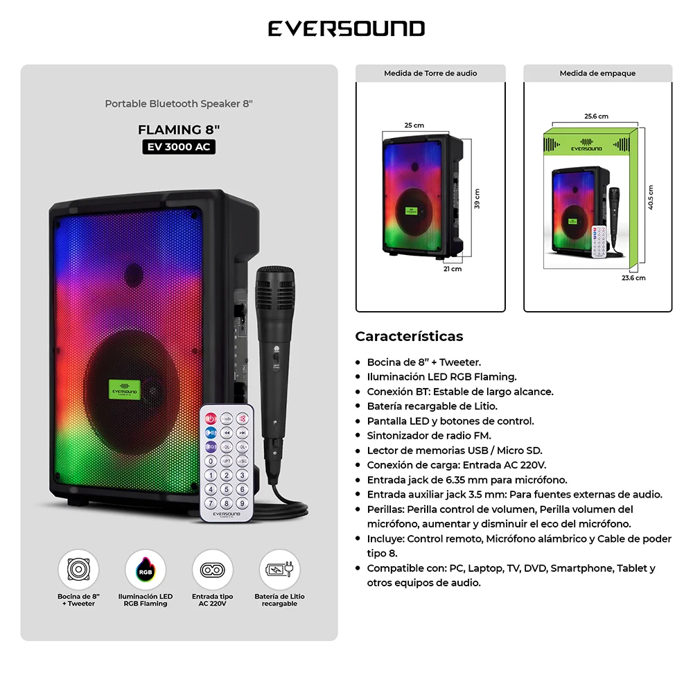 Parlante Portátil Bluetooth Eversound Flaming EV3000AC 8": TWS, RGB