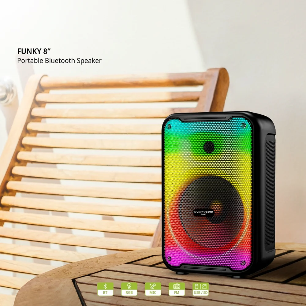 Parlante Portátil Bluetooth Eversound Funky EV3003 8": LED