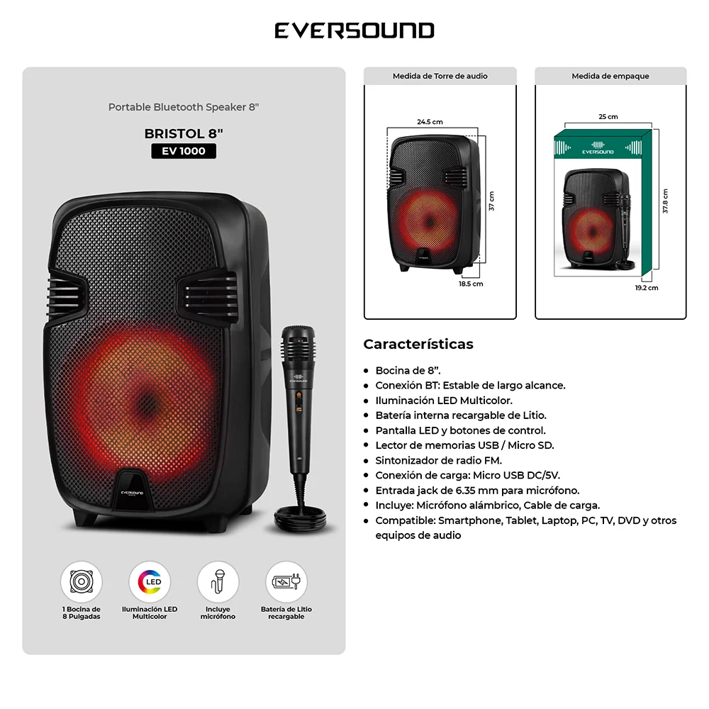 Parlante Portátil Bluetooth Eversound Bristol EV1000 8": LED