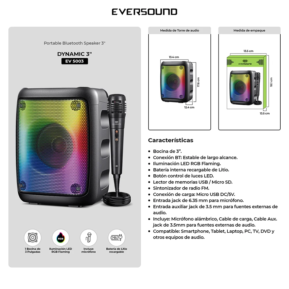 Parlante Portátil Bluetooth Eversound Dynamic 3 EV5003: RGB
