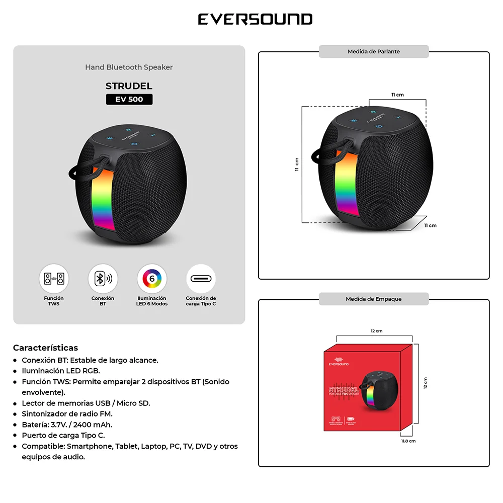 Parlante Portátil Bluetooth Eversound Strudel EV500: 10W, TWS, RGB