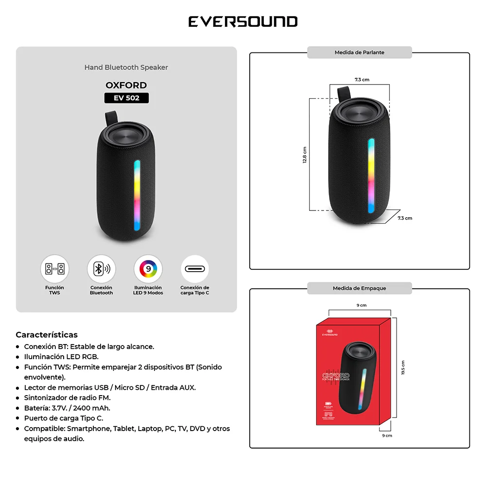 Parlante Portátil Bluetooth Eversound Oxford EV502: 10W, TWS, RGB
