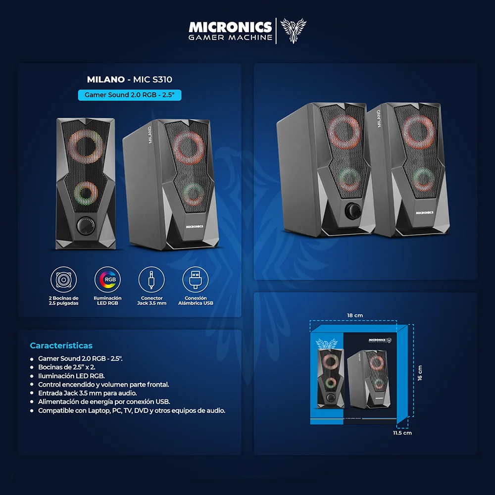 Parlantes Multimedia 2.0 Micronics Milano Black USB RGB 2.5" MIC S310U