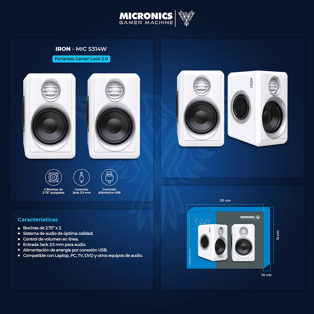 Parlantes Multimedia 2.0 Micronics Iron White USB 2.75" :10W MIC S314W de RMS:10W