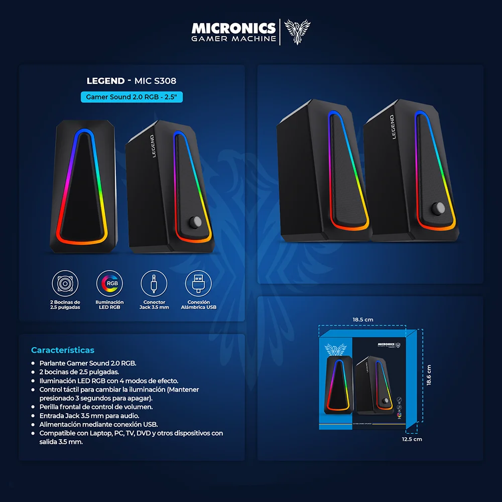 Parlantes Multimedia 2.0 Micronics Legend RGB 2.5" MIC S308