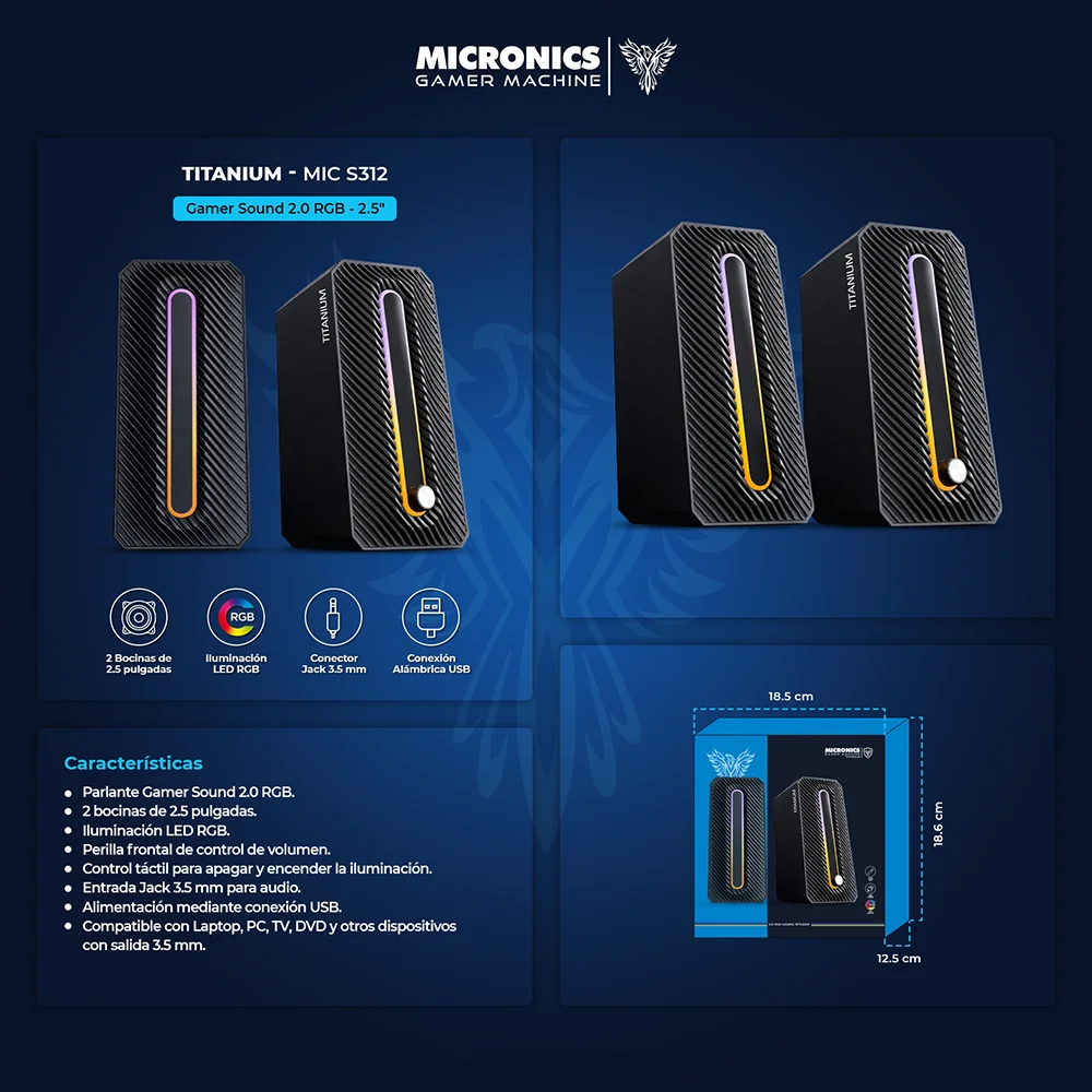 Parlantes Multimedia 2.0 Micronics Titanium RGB 2.5" MIC S312