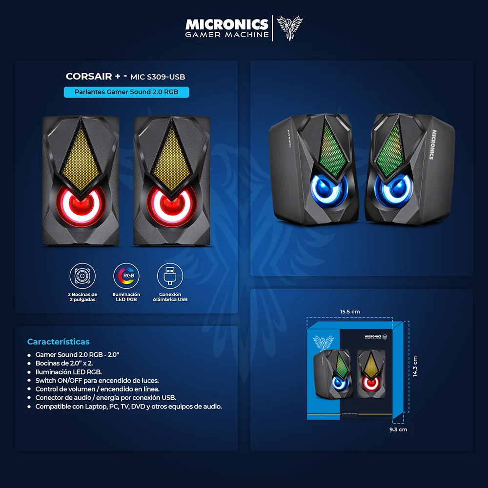 Parlantes Multimedia 2.0 Micronics Corsair+ USB 2" MIC S309-USB