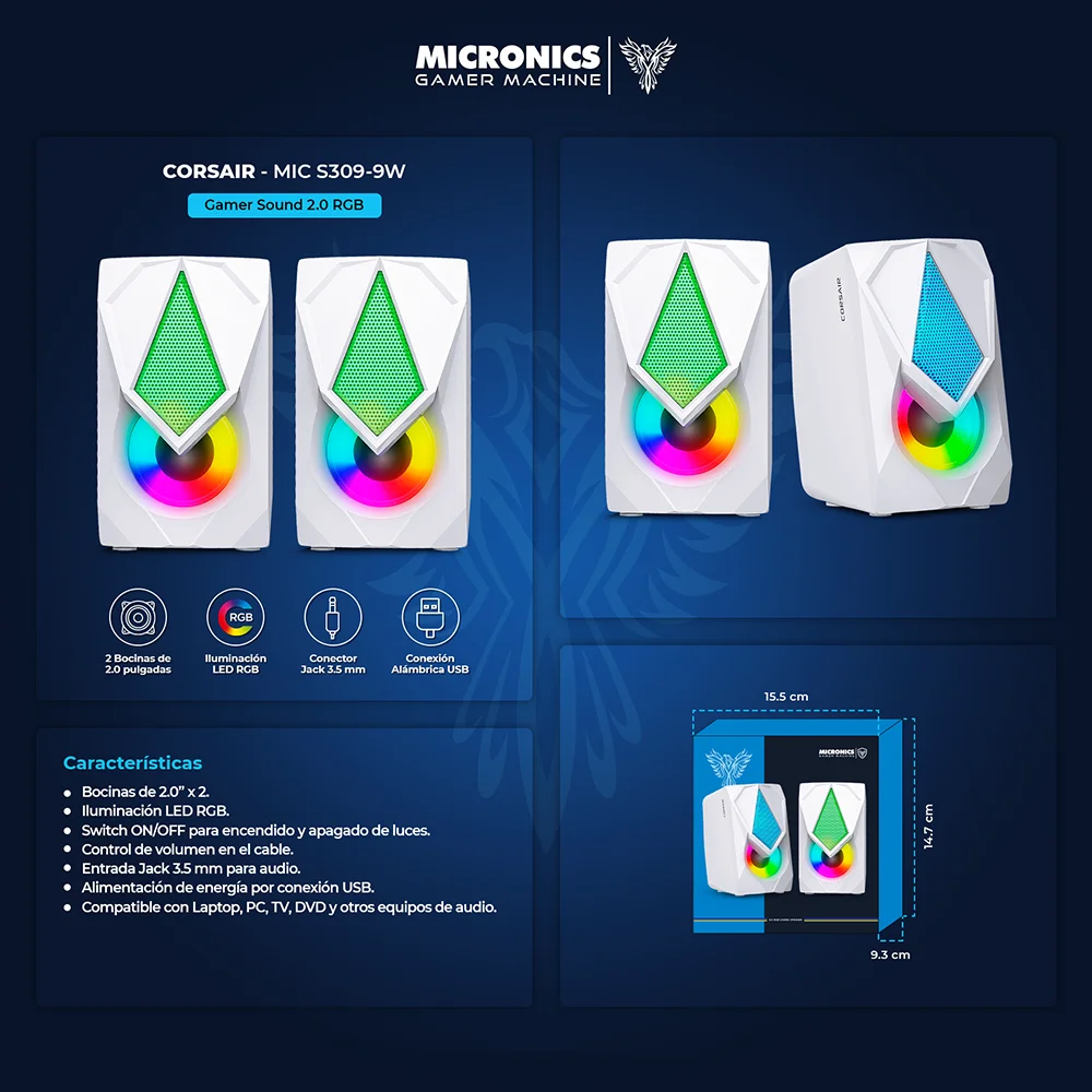 Parlantes Multimedia 2.0 Micronics Corsair White RGB 2" MIC S309-9W