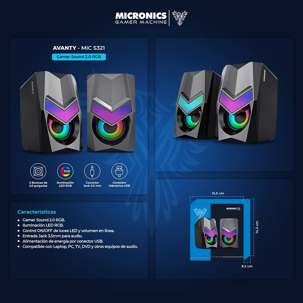 Parlantes Multimedia 2.0 Micronics Avanty RGB 2" MIC S321